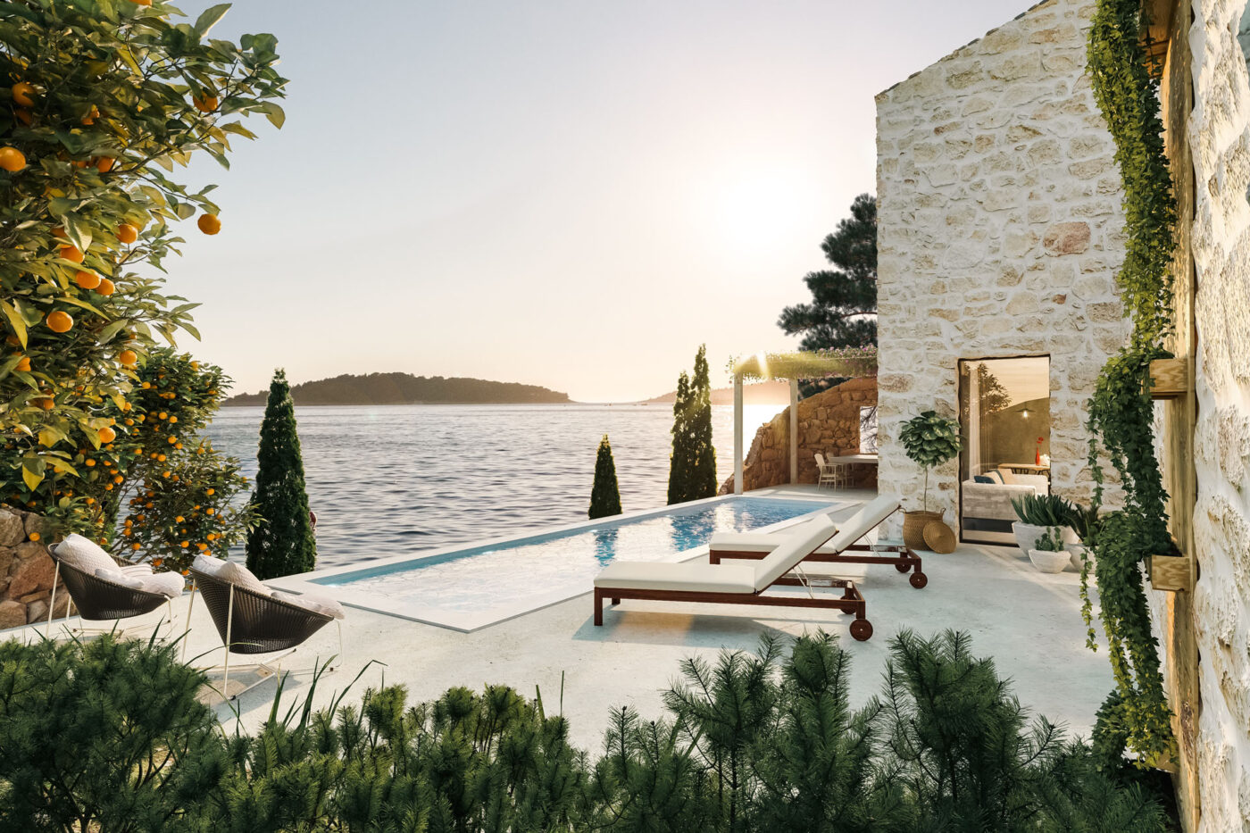 Stamatis Sellas | Your Trusted Partner for Success in Corfu picture of stone house standing on the rock above the sea with terrace and swimming during sunset